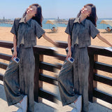 Fongt Casual Set Summer Women's New Ocean Gas High Age-Dose Tie Dye T-Shirt Loose Broad Leg Pants Two-Set