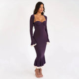 Solid Long Flared Two-piece Crop Sleeve Midi Dress-Outfit