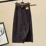 Women Streetwear Spring Denim Skirts Sets Korean Long Sleeve Casual Blouse And Side Split Skirt Two Piece Set