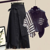 Women Summer korean two pieces set for women streetwear off the shoulder striped patchwork blouse and irregular mesh skirts