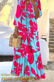 Casual Women Summer V Neck Dress Elegant Femme Long Sleeve Holiday Beach Dress Vintage Leopard Print Maxi Dress