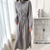 New 2020 Autumn Winter Women Dresses Turtleneck Drawstring Oversize Korean Split Knitted Elegant Long Dresses