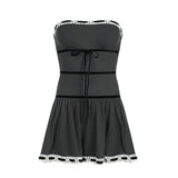 Off Shoulder Ribbon Trim Lace Up Slim Mini Dress-Outfit