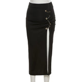 Punk Black Split Midi Skirts Women Aesthetic Skinny Ruched High Waist A-Line Party Long