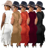 Fongt New Women's Casual And Versatile Pure Color Knitting Sleeveless Tassel Dress-Outfit