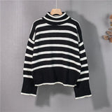 2021 Autunm Winter Women Sweaters Turtleneck Striped Vintage Oversized Split Knitwears Elegant Lady Tops