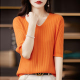 Fongt The Summer Of 2023, Women's Knit Short Sleeve Korean V-Neck Solid Color T-Shirt And A Pit Top-Outfit