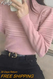Puff Sleeve Turtleneck Sweater Women Elegant Solid Knitted Fashion Striped Pullover Tops Long Sleeve Slim Fall