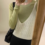 Fongt New Style Fold Wear Show Thin Small Versatile Sweater Vest Korean Hollow Out Solid Color Condole Belt Knit Vest Female-Outfit