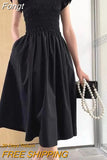 Sweet Slim High Waist Smocked Women Midi Dress Big Hem Square Neck Lady