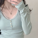 Aesthetic Lace Trim Slim Long Sleeve Tee-Outfit
