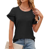 2024 New Round Collar Solid Color Petals Short-Sleeved Casual T-Shirt-Outfit