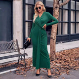 Fongt New 2024 Women's V-Neck Solid Color Kink Waist Long-Sleeved Dress-Outfit
