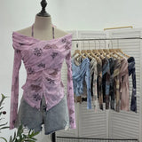 Real Shot Shoulder Strap Hanging Neck Pure Lust Wind Long-Sleeved T-Shirt Repair Cross-Folded Open Fork Short Top