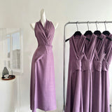 Fongt Femininity Purple V-Necked Neck Dress Female Design Feel Belt Strap Vest Skirt
