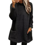 Fongt Women's Autumn And Winter New Long-Sleeved Round-Neck Casual Loose Plush Wear Pocket Top Woman