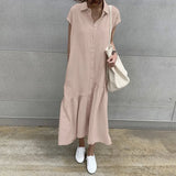 Elegant Summer Long Shirt Dress Women Lapel Neck Short Sleeve Solid Loose Work Sundress Robe Femme Maxi