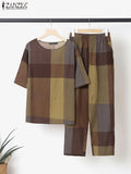 ZANZEA Vintage Plaid Checked Matching Sets Sets Summer Women Tracksuit Casual Half Sleeve Blouse Pants Suits Loose Urban