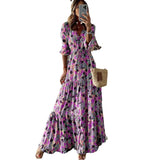 Fongt Summer New Women's Wear Temperament Holiday V Collar Print Large Place Long Dress-Outfit