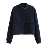 Fongt Color Jacket 2023 Stand Collar Double Pocket Solid Color Locomotive Ker Pilot Jacket Cotop Female-Outfit