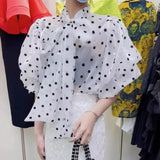 Bow Shirts & Blouses Contrast Dot Print Blusas 2024 New Puff Sleeve Camisas Korean Ropa Mujer Spring Summer Tops-Outfit
