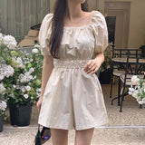 Chic Summer French Retro Square Collar Dew Collarbone Fold Closed Waist Show Thin Bubble Sleeve Wide Leg Jumpsuit Woman-Outfit