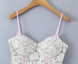 White Lace Pink Bow Strap Corset Top-Outfit
