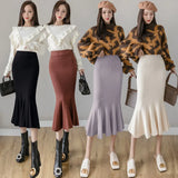 And Winter Elastic Slim Knitted Half-Body Skirt Medium-Long Korean Version High-Waisted Thin Fish Tail Buttocks A-Shaped Skirt-Outfit