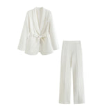 Fongt And Autumn Women's Fashion With Belt Solid Color Casual Suit Jacket High Waist Trousers Set