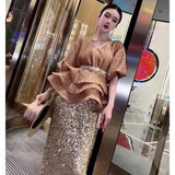 Light Luxury High Grade Women's Dress Set with Folded Waist, Top, Belt, Sequin Half Dress Two Piece Set-Outfit