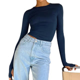 Women T-shirt Crop Tops Harajuku Spring Fall Clothes Long Sleeve Crew Neck Solid Slim Ladies Top Thumb Holes for Daily
