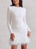 Fongt Women's Dress Sexy Dress Long Sleeve Solid Color Sequin Feather Dress Round Collar Woman 8102