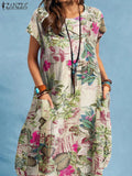 ZANZEA Summer Woman Vintage Dress Bohemian Floral Printed Holiday Casual Robe Vestidos O-Neck Short Sleeve Knee-length