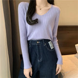 Style Autumn Sweater Women V Neck Long Sleeve Knitted Ribbed Bottoming Sweaters Pullover