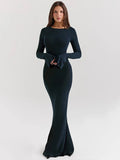 Blue Bodycon Long Sleeve Backless Maxi Dress-Outfit