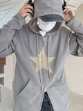 Vintage Star Patch Baggy Zip Up Hoodie-Outfit