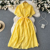 Gentle Wind Turn Collar Bubble Sleeve Medium-Long Shirt Skirt Lace Thin Hollow-Out Design French Dress-Outfit