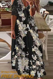 Short Sleeve Holiday Dress For Women Vintage Print V Neck Maxi Party Dress Elegant Ladies Loose Long Retro Dress