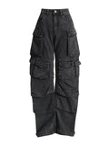 Fongt Wind Jeans Pants Women's Autumn 2024 New Lazy Cargo Pants Mop Straight Pocket Wide Leg Pants-Outfit