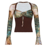 Fongt Abstract Print Stretch T-Shirt Fall 2023 New Slim Slim Low Breast Horn Sleeve Top-Outfit