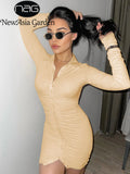 Spring Shirt Dress Long Pile up Sleeve Ruched Buttons up Elastic Turn Down Collar Bodycon Dress Mini Dresses for
