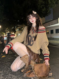 Brown V-neck Letter Print Oversize Sweater-Outfit