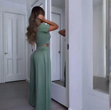 Fongt Summer Women's Round Neck Solid Color Sexy Wide Leg Pants Fashion Casual Suit Woman