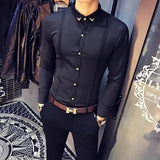 Tuxedo Shirts Pleated Front Solid Mens Dress Shirts Casual Slim Fit Long Sleeve Wedding Evening Blouse Male Black Red