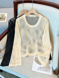 New Korean Version Of Cave Sweater Loose Blouse Round Neck Sweater Hollowed-Out Sunscreen Long-Sleeved Blouse-Outfit