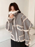 2023 Autumn Winter Faux Lamb Fur Sheepskin Coat Plaid Granular Sheep Shearing Jacket Female Casual Warm