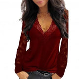 V Neck Lace Trim See Through Long Sleeve