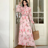 Fongt 2025 New Long-Sleeved Heavyweight Bow Long Print Chiffon Sweet Dress Seaside Holiday