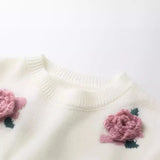 Retro Style Three-Dimensional Rose Flower Sweater Short-Sleeved Girl Spring And Summer New T-Shirt Pullover Blouse Girl-Outfit