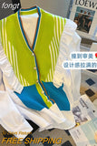 New Fashion Rainbow Striped Stitching Knitted Sweater Korean Style V-Neck Ruffled Long Sleeved Casual Outer Women